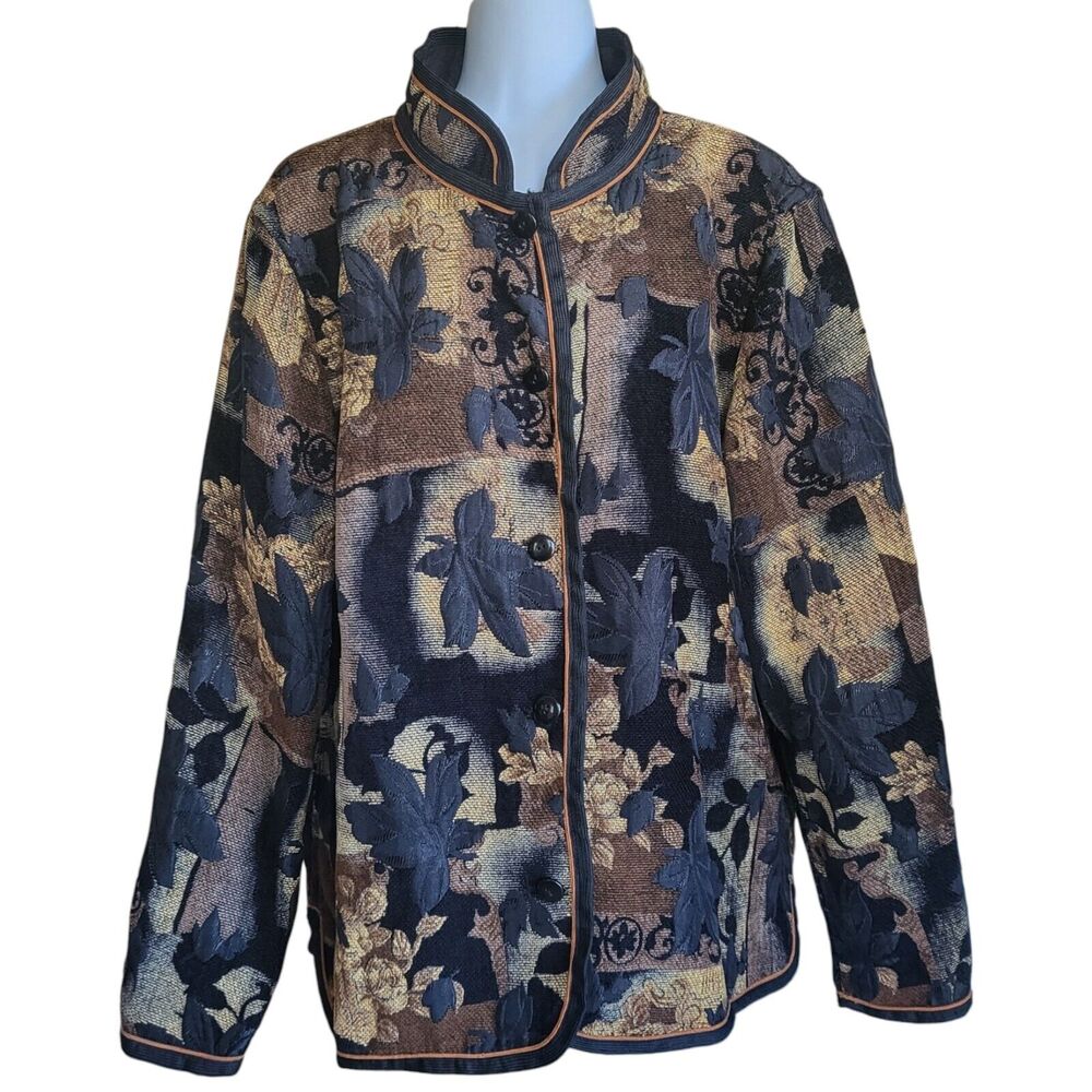 Vintage Tapestry Reversible Jacket Women’s L Brown Black Brocade Fall Le…